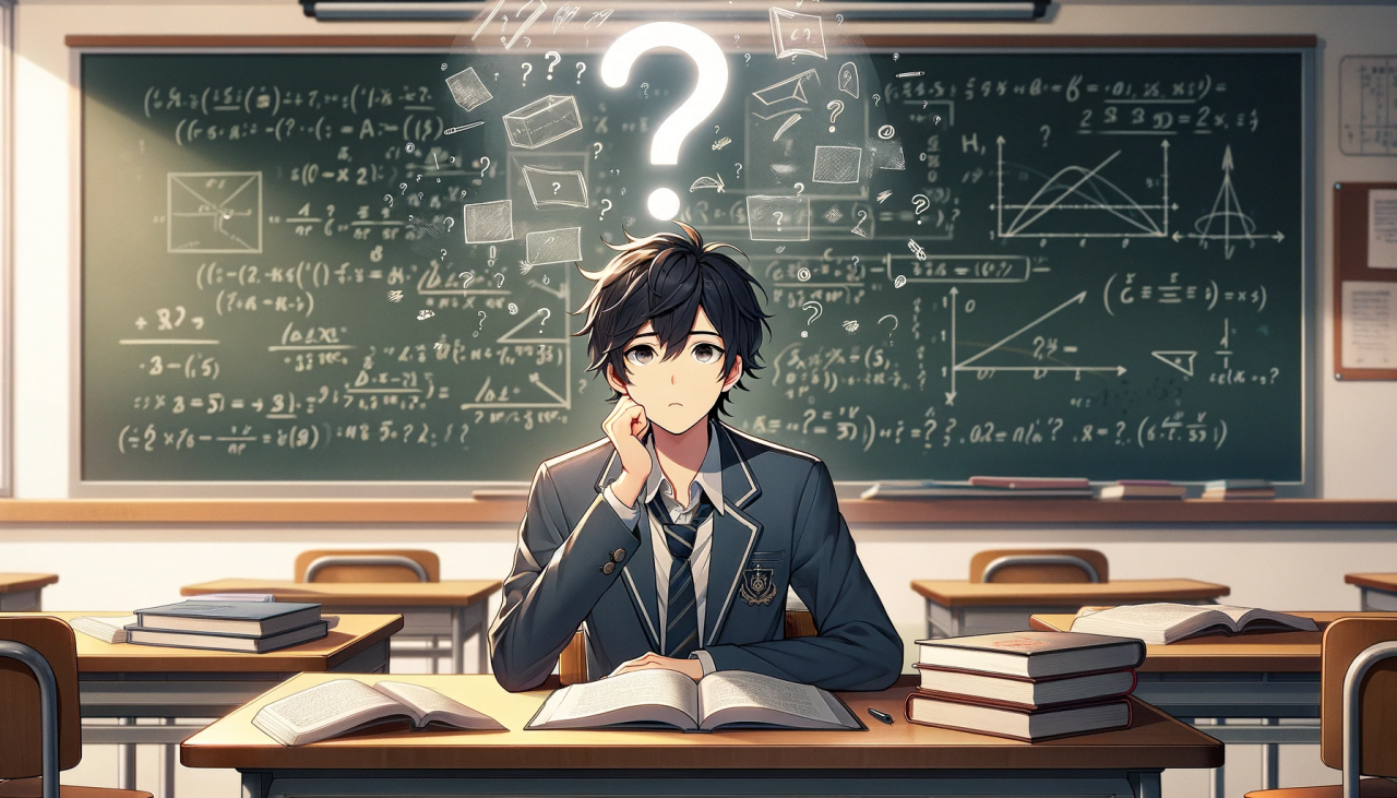 DALL·E 2023-12-23 15.01.43 - A wide anime-style illustration of a male high school student with a large, transparent question mark floating above his head. He is seated at a woode