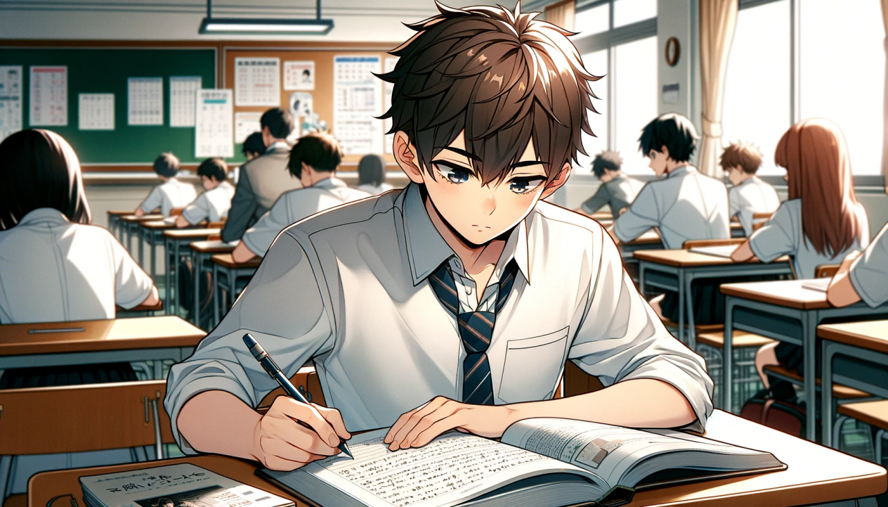 DALL·E 2023-12-21 14.58.40 - Create a wide anime-style illustration of a high school boy writing in his notebook. The setting is a classroom with typical school desks. The boy has