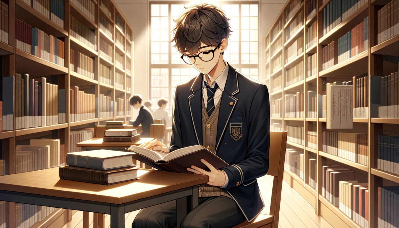 DALL·E 2023-12-21 14.59.18 - Create a wide anime-style illustration of a high school boy sitting in a library, deeply engrossed in reading a book. The boy is dressed in a typical 
