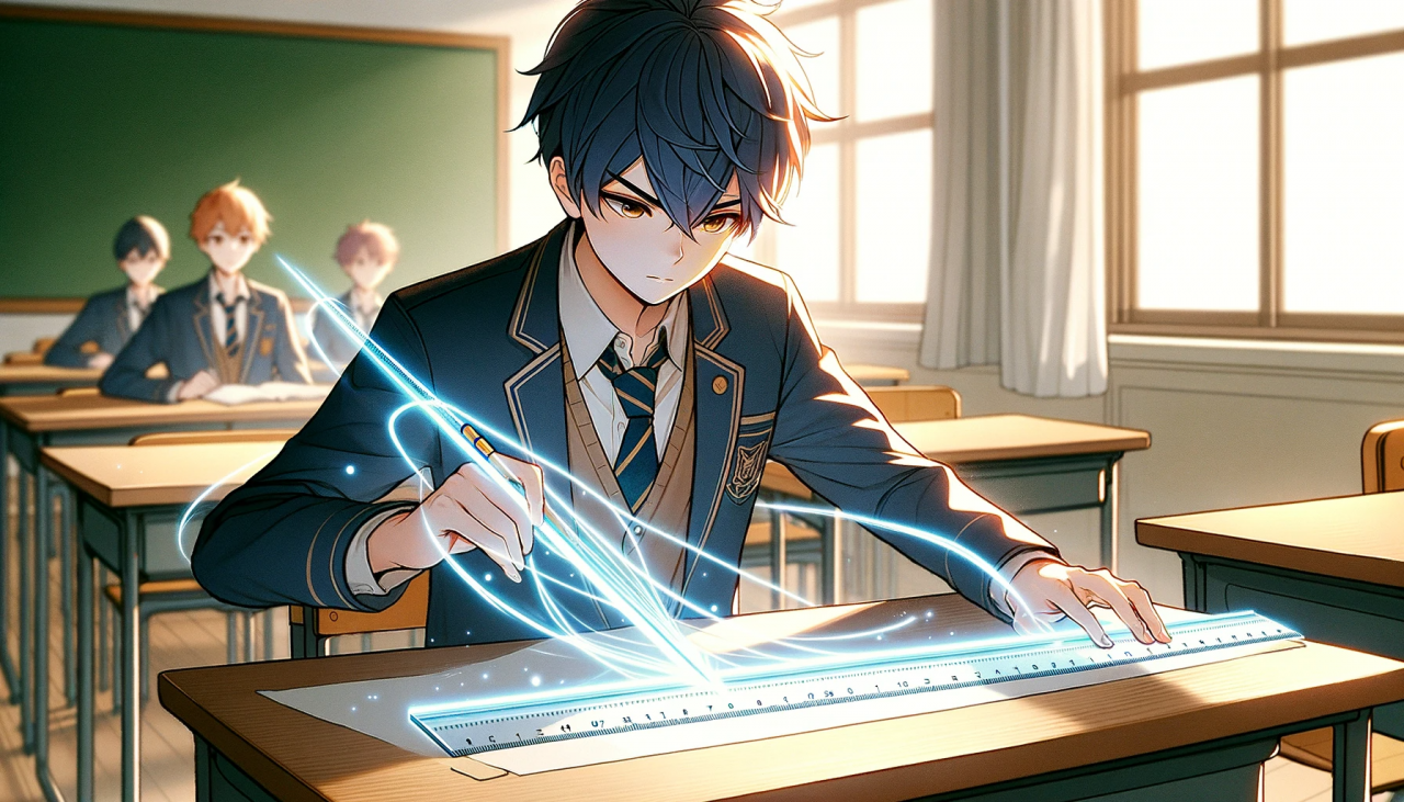DALL·E 2023-12-16 14.45.28 - An anime-style illustration, maintaining the art style previously used, showing a male high school student creating a 'straight line'. He is in a clas