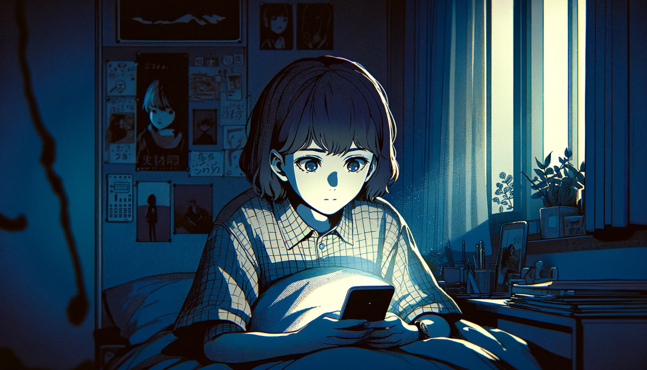DALL·E 2023-12-14 17.23.45 - Anime-style illustration in a wide format, depicting a female high school student looking at her smartphone in a dark room. The scene shows her lying 