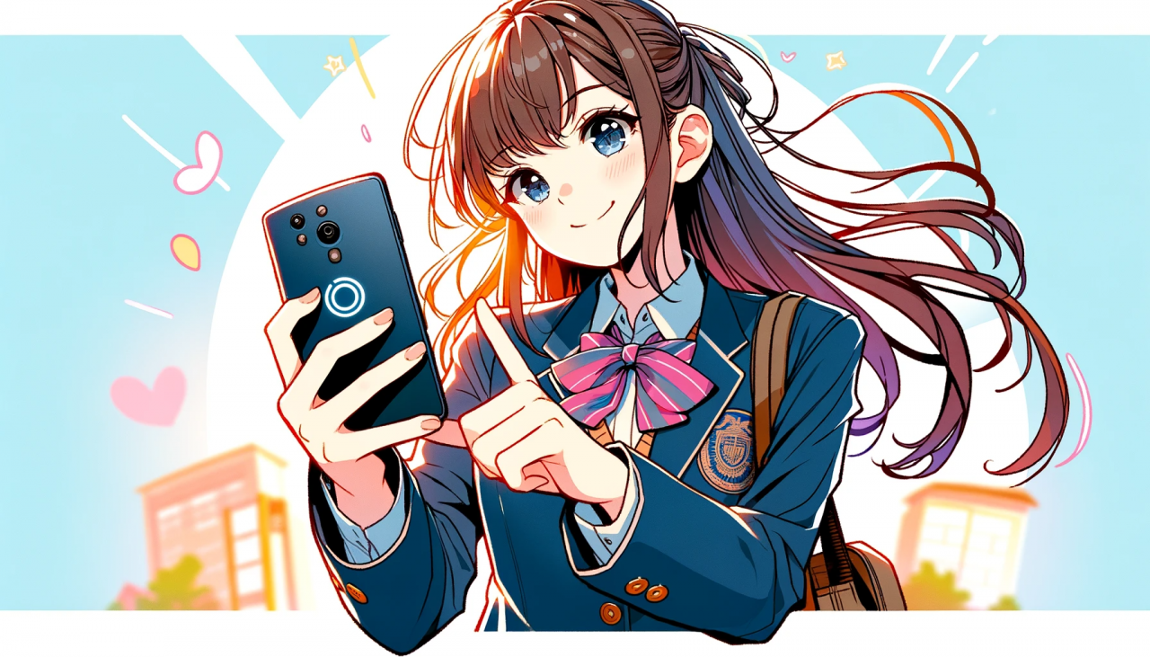DALL·E 2023-12-02 19.44.35 - Create a wide illustration of a high school girl holding a smartphone. She should be depicted in a modern anime style, with a focus on vibrant colors 