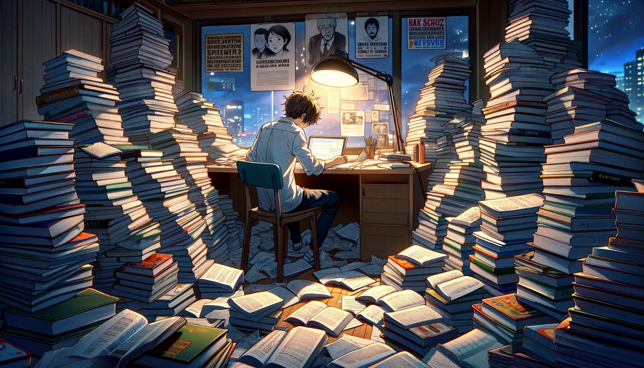 DALL·E 2023-12-05 14.29.48 - A widescreen anime-style illustration of a male high school student in a room piled high with textbooks. The student is sitting at a desk, deeply engr