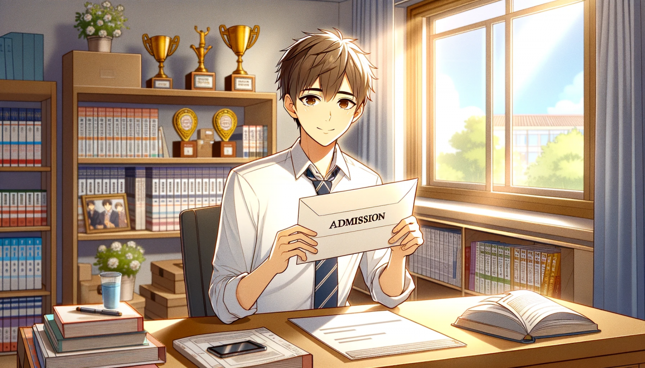 DALL·E 2023-12-07 16.37.17 - An anime illustration of a male high school student recommended for university admission. He is sitting at a desk, looking proud and relieved, with a 