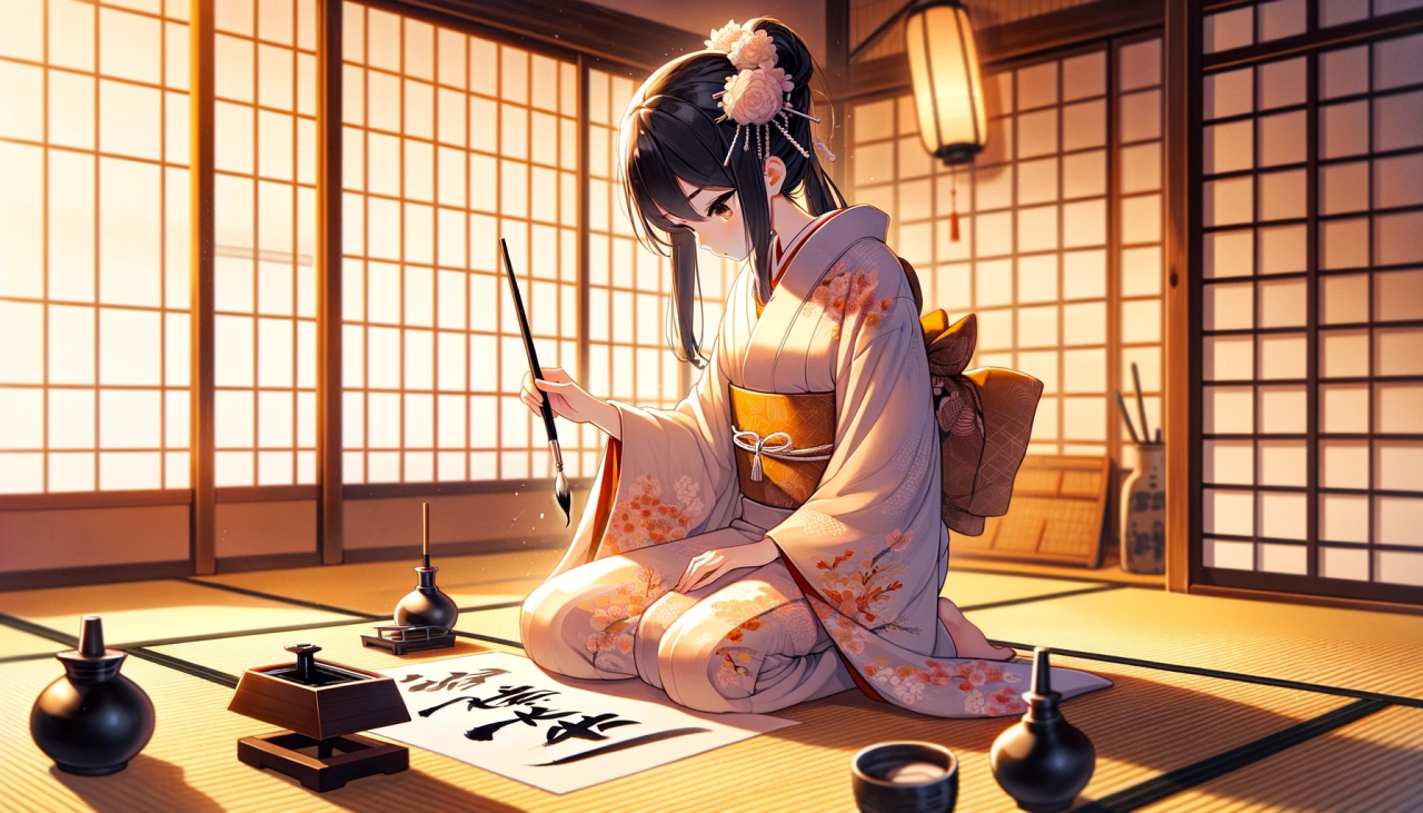 DALL·E 2023-12-21 14.59.22 - Create a wide anime-style illustration of a high school girl dressed in a traditional kimono, practicing calligraphy. She is sitting on a tatami floor