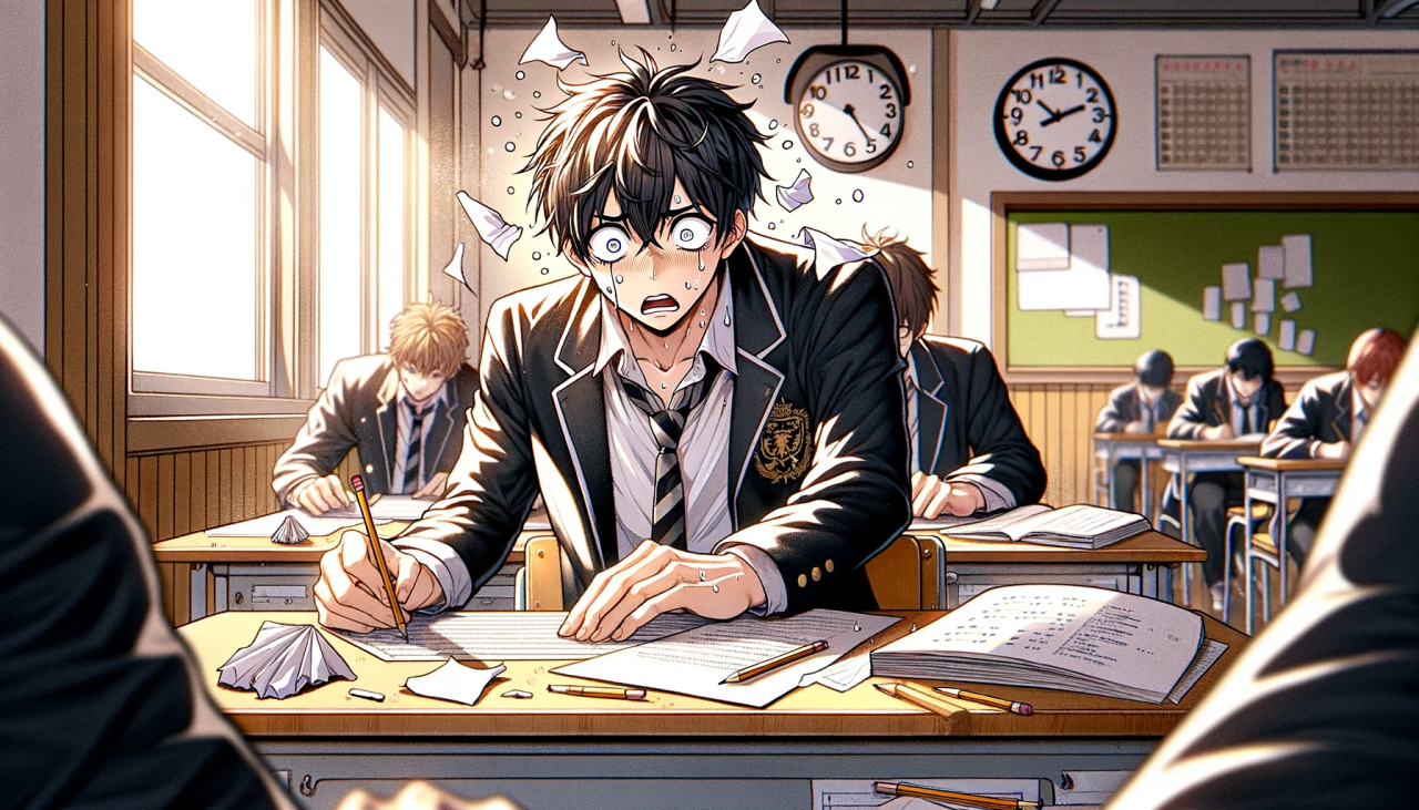 DALL·E 2023-12-16 14.45.37 - An anime-style illustration, matching the art style of the first provided image, depicting a male high school student panicking during a test as he re