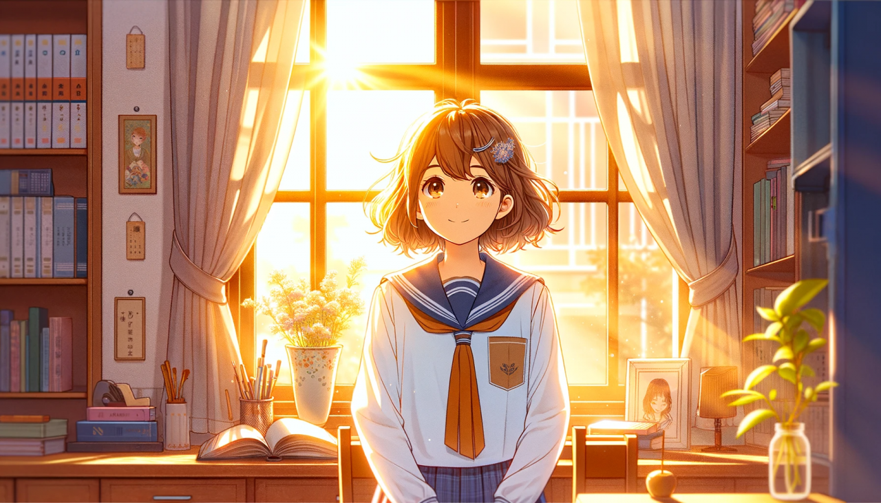 DALL·E 2023-12-14 17.23.55 - Anime-style illustration of a female high school student basking in the morning sunlight, in a wide format. The scene is set with her standing by a la