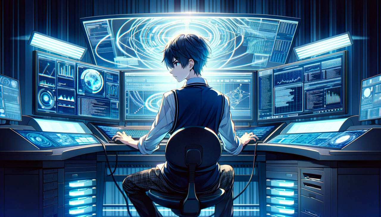 DALL·E 2023-12-27 13.42.01 - An anime-style illustration of a male high school student accessing a plethora of information. He's seated in front of a large, curved desk that hosts
