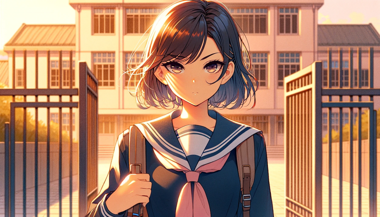 DALL·E 2023-12-05 14.29.43 - A widescreen anime-style illustration of a determined high school girl, in the soft and detailed style previously noted, with a color palette suggesti
