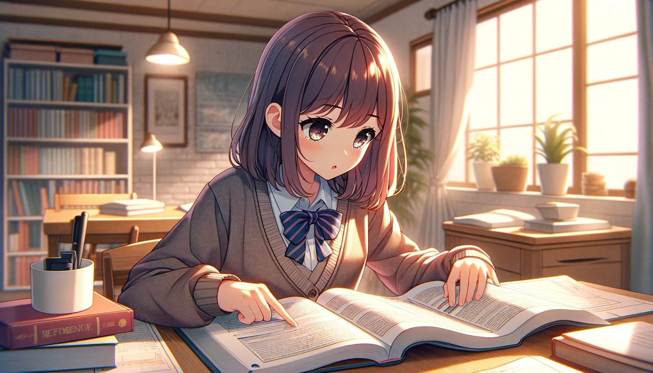 DALL·E 2023-12-02 19.44.22 - Create a wide anime-style illustration of a female high school student studying with a reference book. The scene is set in a comfortable, well-organiz