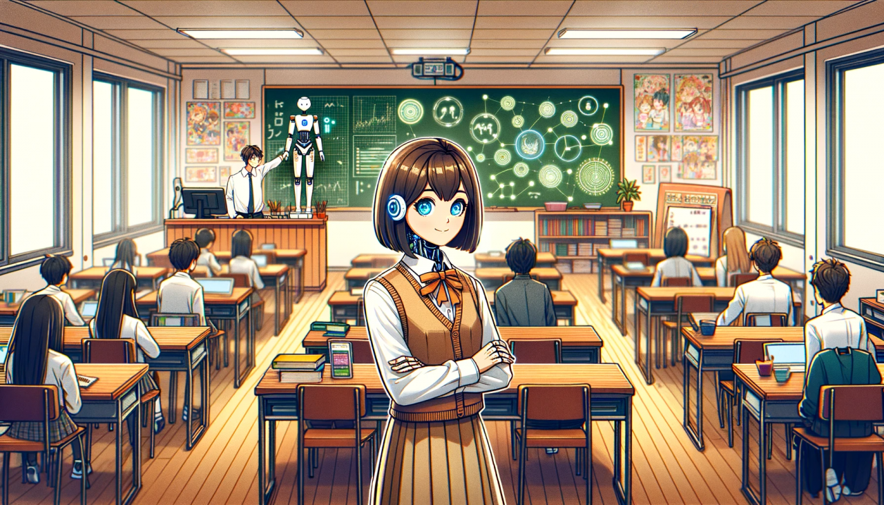DALL·E 2023-12-02 19.44.29 - Create a wide illustration of an AI teacher in a classroom setting, using the cozy, detailed anime aesthetic of the previously noted visual style. The