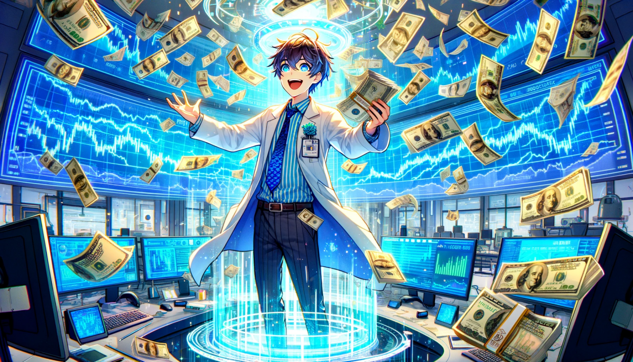 DALL·E 2024-01-13 16.43.46 - Create a wide anime-style illustration of a science university student who has just come into a large sum of money. The scene is set in a futuristic l
