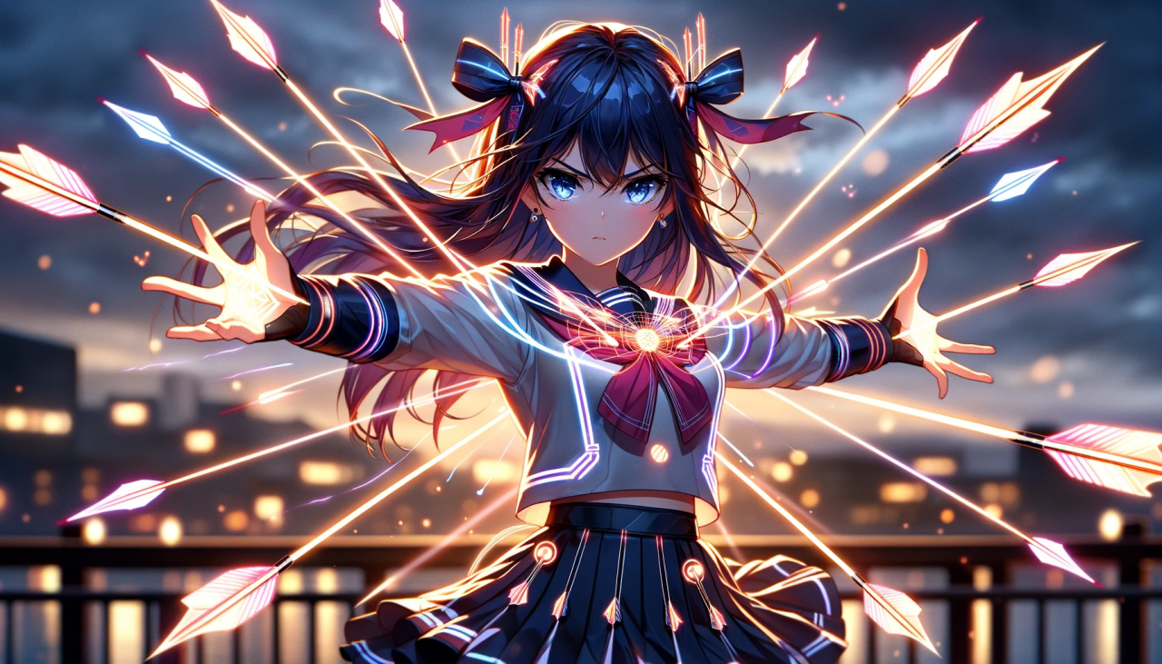 DALL·E 2024-01-06 14.44.16 - A wide anime-style illustration of a high school girl with South Asian descent, launching an attack using arrows made of light. She is wearing a styli