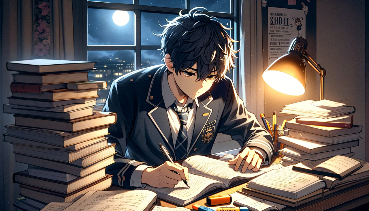 DALL·E 2024-01-25 16.09.55 - Create a wide anime-style illustration of a male high school student working hard on his exam studies. He's sitting at a desk piled high with textbook