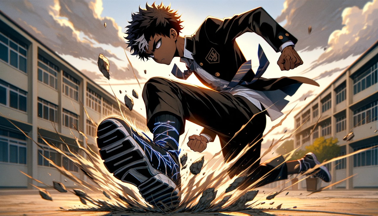 DALL·E 2024-01-06 14.44.20 - A wide anime-style illustration featuring a high school boy of Black descent, smashing the ground with a powerful stomp. He is dressed in a sleek, ath