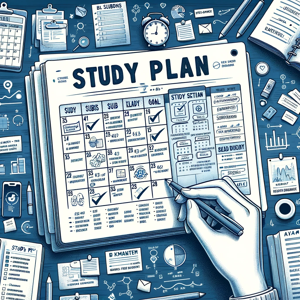 DALL·E 2024-01-15 11.31.58 - An illustration of a detailed study plan for exam preparation, featuring a calendar with marked study sessions, lists of subjects, deadlines, and goal