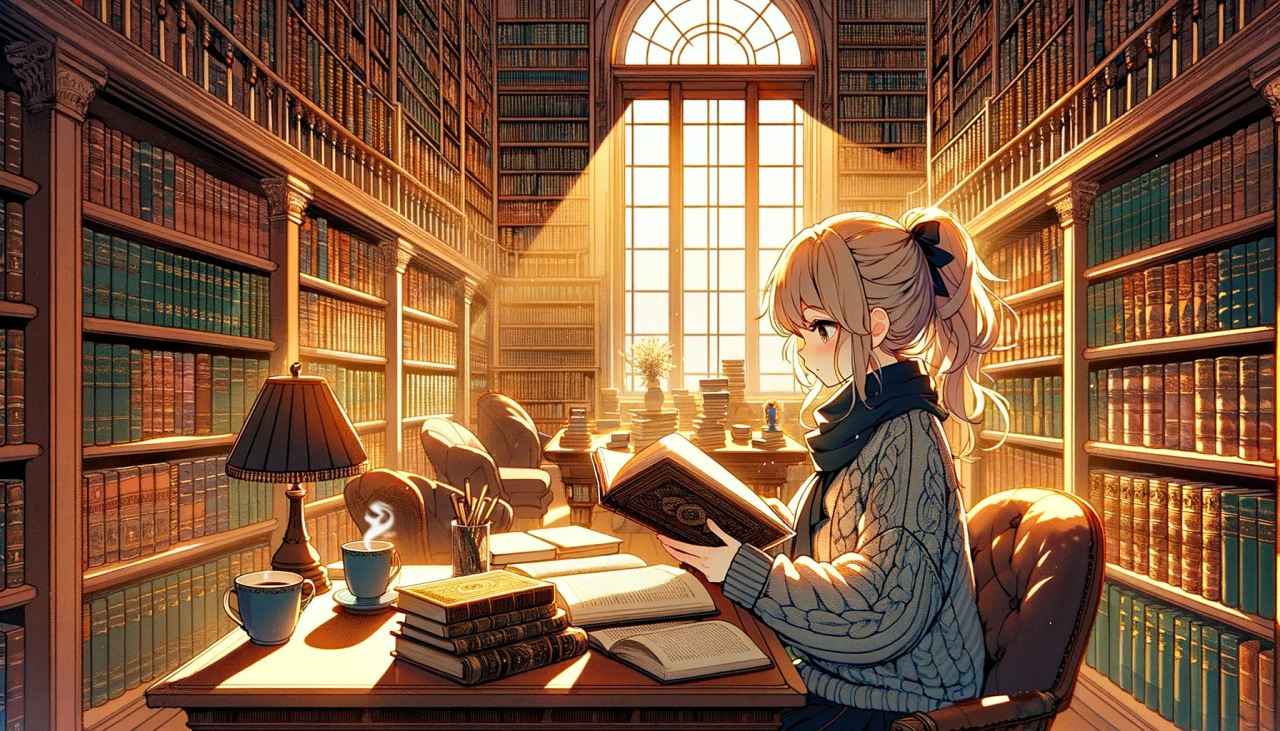 DALL·E 2024-01-13 16.43.42 - Create a wide anime-style illustration of a humanities girl. She's in a cozy, vintage-style library surrounded by towering bookshelves filled with cla