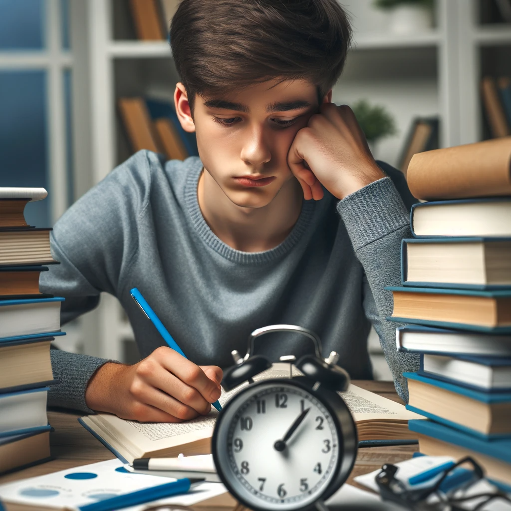 DALL·E 2024-01-10 10.55.44 - A focused student surrounded by books and study materials, with a visible clock emphasizing the importance of time management