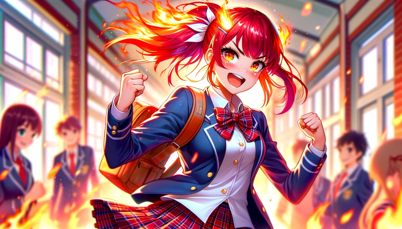 DALL·E 2024-01-25 16.09.58 - Create a wide anime-style illustration of an enthusiastic high school girl with flames in her eyes, representing her burning determination and spirit