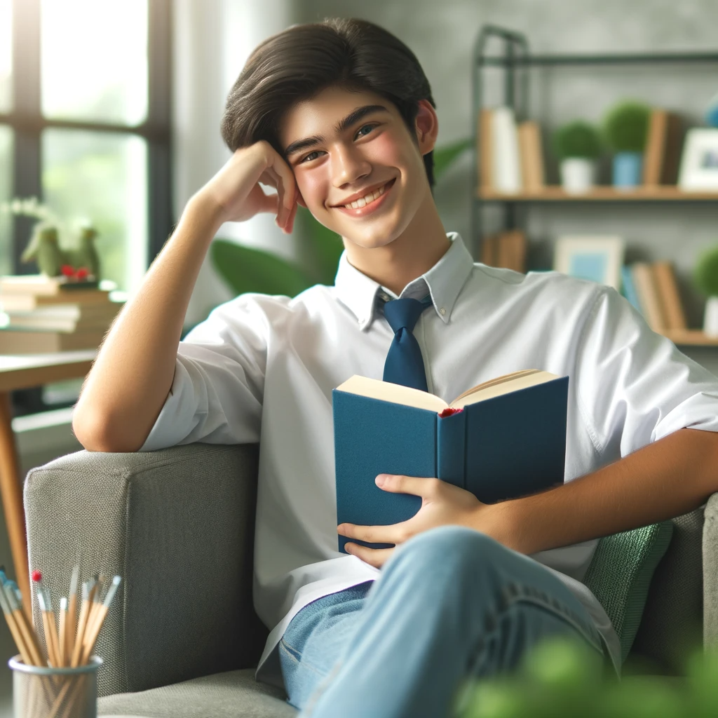 DALL·E 2024-01-15 11.31.24 - A high school student smiling and looking relaxed, sitting in a comfortable chair with a book in hand, surrounded by peaceful and calming environment,