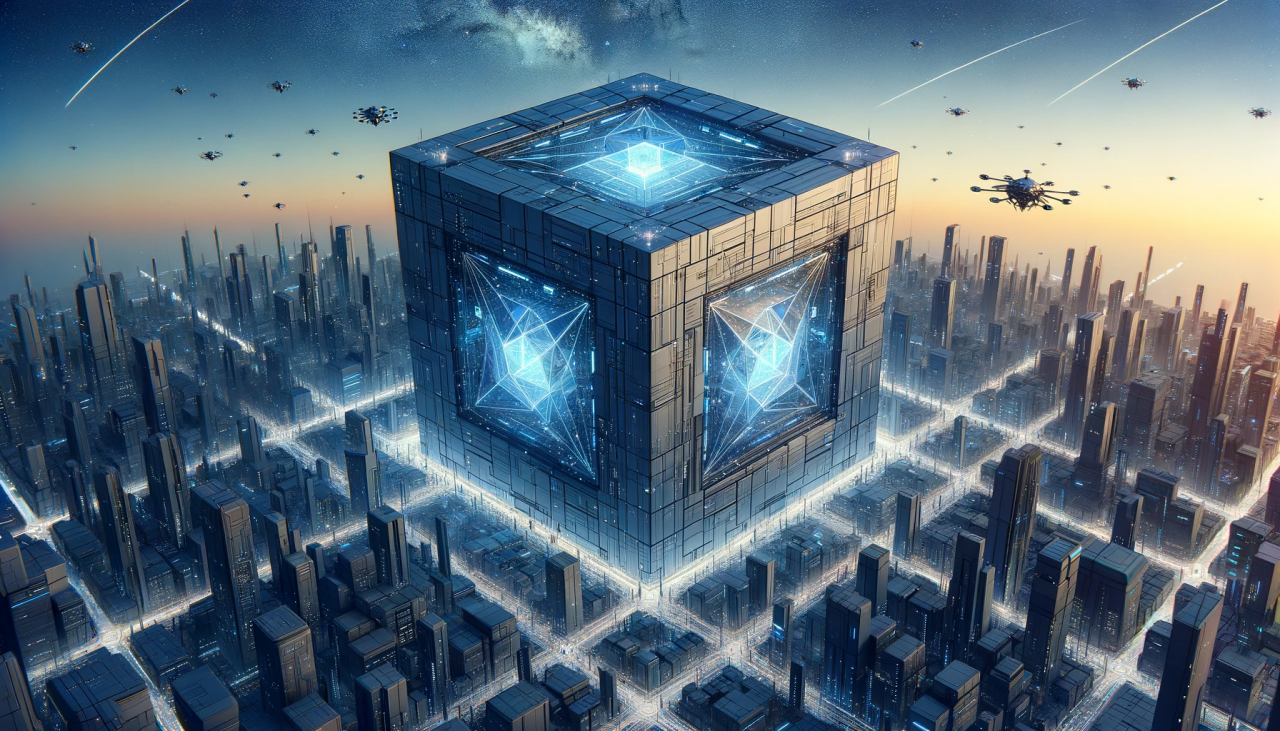 DALL·E 2024-01-20 14.58.17 - Create a wide anime-style illustration of a futuristic cubic structure. This structure is a massive, floating cube in the center of a high-tech city. 