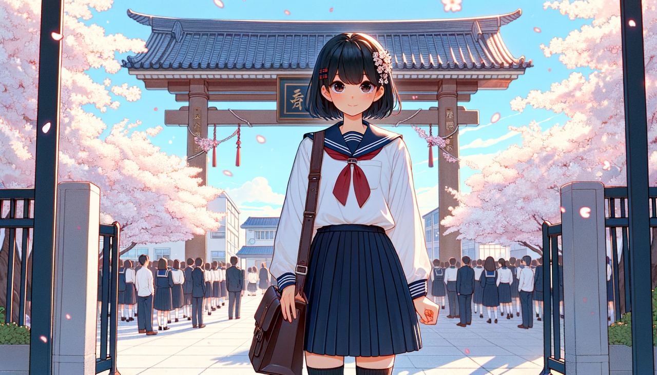 DALL·E 2024-01-25 16.10.03 - A wide anime-style illustration of a high school girl attending an entrance ceremony. She is standing outside the school gates, which are adorned with