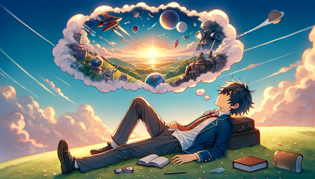 DALL·E 2024-01-11 14.57.04 - Create a wide anime-style illustration of a male high school student dreaming. The scene should capture a whimsical and serene atmosphere, with the bo