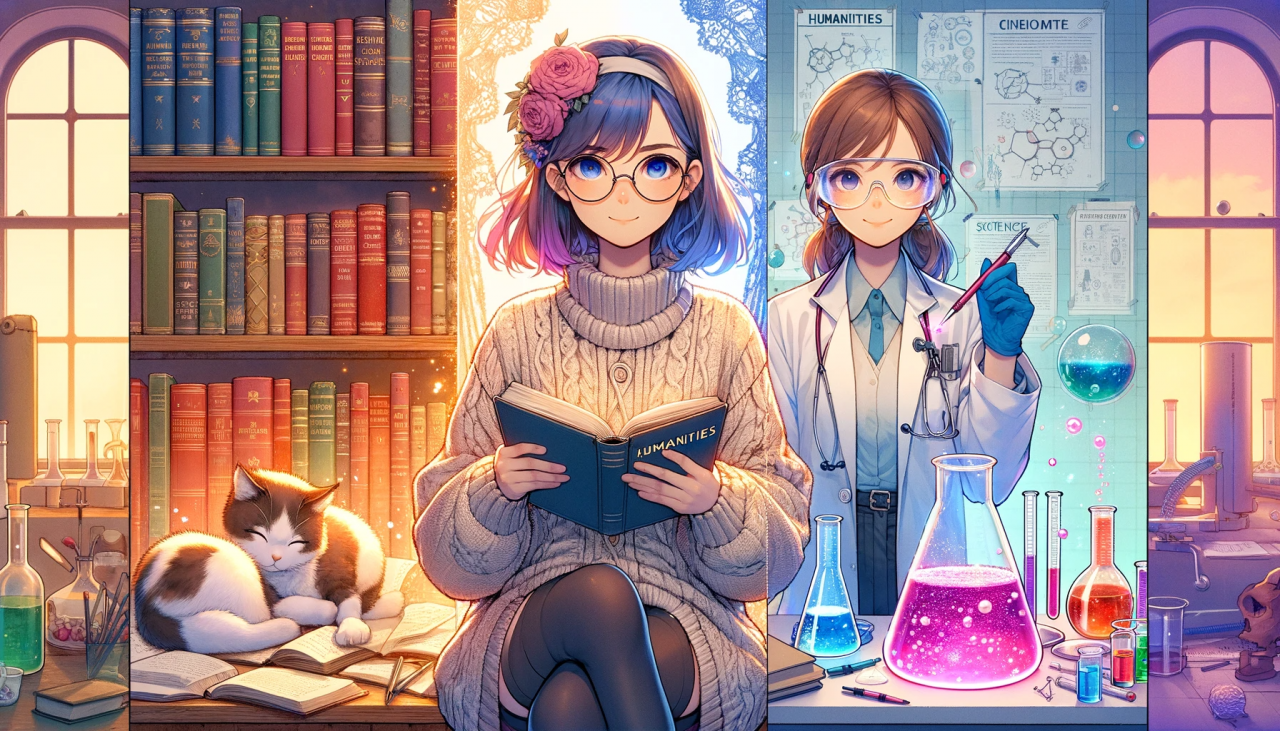 DALL·E 2024-01-13 16.43.50 - Create a wide anime-style illustration depicting a 'Humanities Girl vs. Science Girl'. On the left, a 'Humanities Girl' with a vintage aesthetic, surr