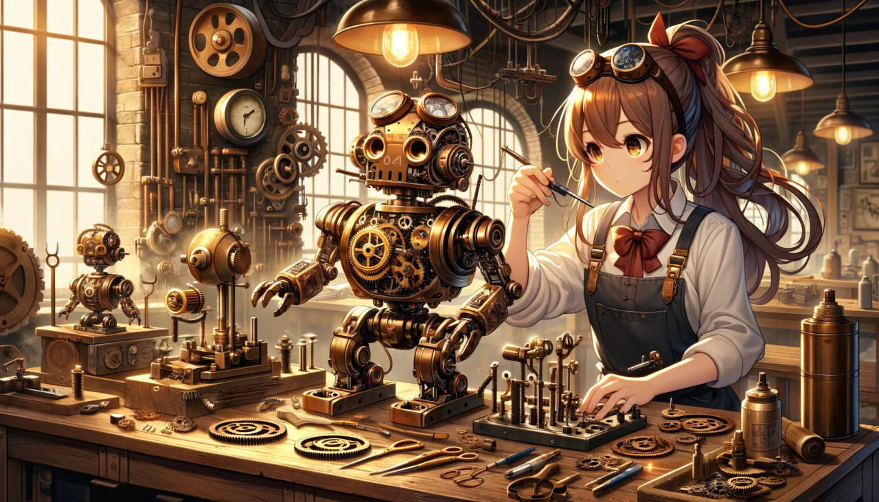 DALL·E 2024-01-13 16.43.44 - Create a wide anime-style illustration of a high school girl building a robot in a steampunk setting. The girl is at a workbench filled with gears, co