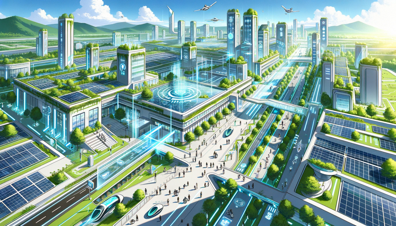 DALL·E 2024-01-20 14.58.19 - Create a wide anime-style illustration of a 'University of the Future'. The scene should depict a sprawling futuristic campus with sleek, modern archi