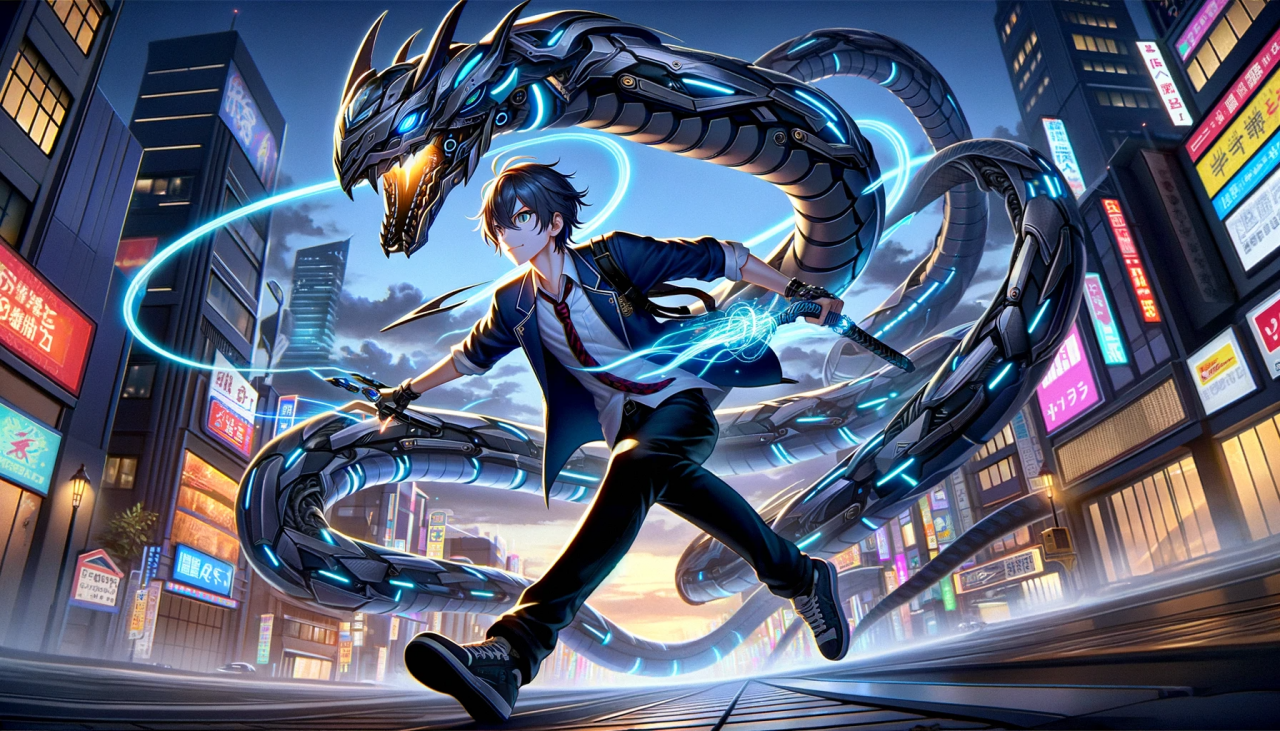 DALL·E 2024-01-20 14.58.21 - A wide anime-style illustration depicting a male high school student battling a futuristic serpent-like robot. The scene is set in a cityscape at dusk