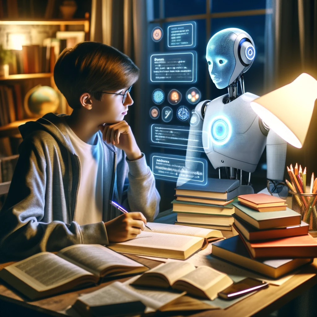 DALL·E 2024-01-08 11.07.48 - A high school student sitting at a desk filled with books and study materials, intently studying with a holographic AI assistant materialized next to 