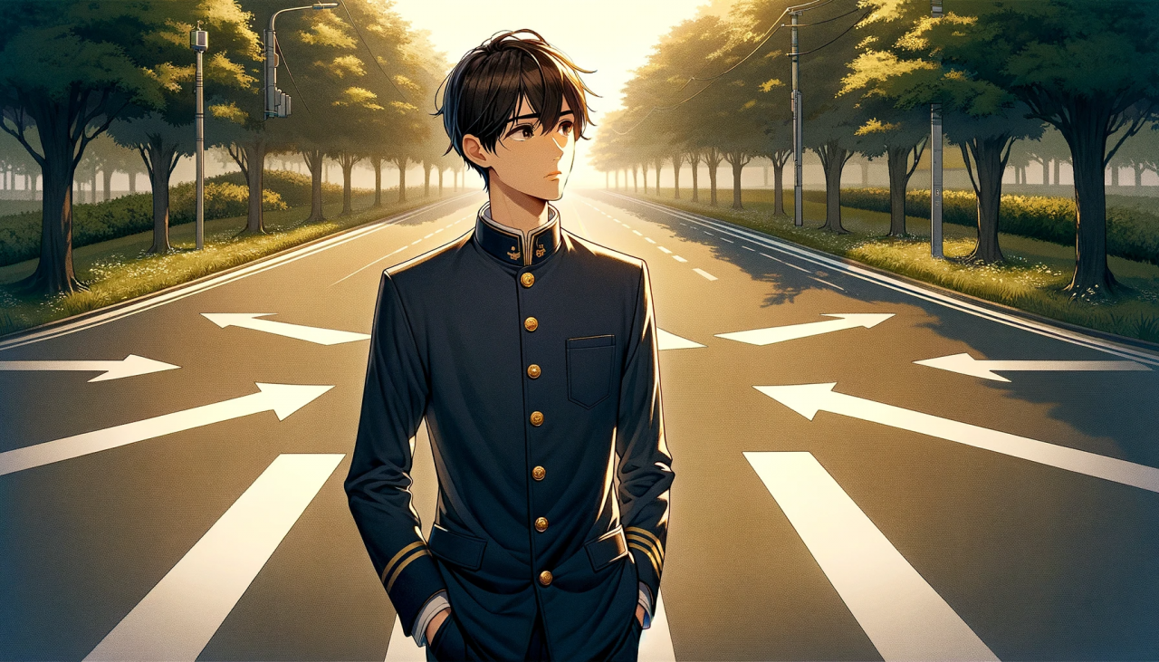 DALL·E 2024-01-25 16.10.01 - Create a wide anime-style illustration of a male high school student standing at a five-way crossroad, symbolizing a significant decision point in lif