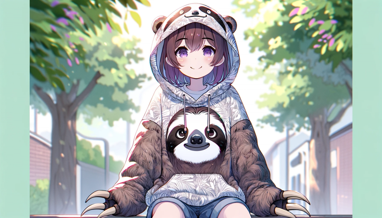 DALL·E 2024-01-11 14.57.00 - Create a wide anime-style illustration of a girl wearing a sloth-themed hoodie. The hoodie should be detailed, capturing the essence of a sloth with e