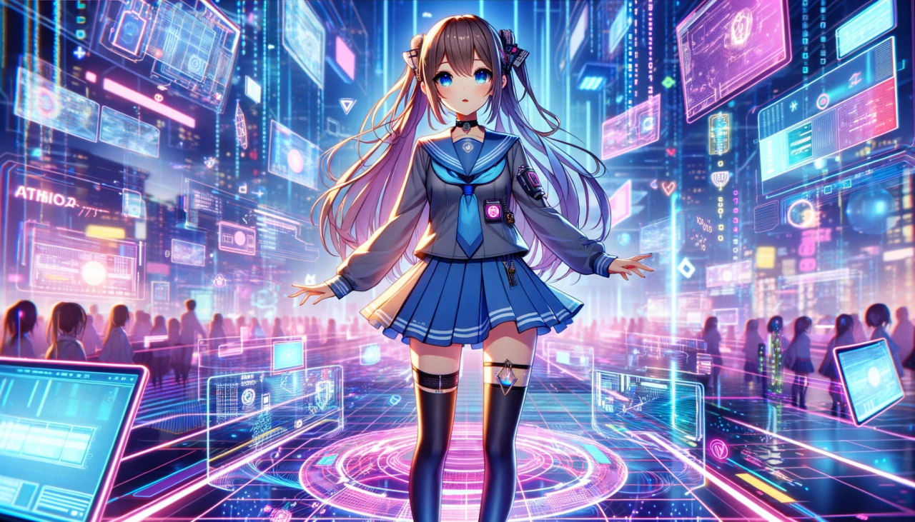 DALL·E 2024-01-20 14.58.23 - An anime-style illustration of a high school girl who has entered a cyber world. She is standing in a digital landscape filled with neon lights and fu