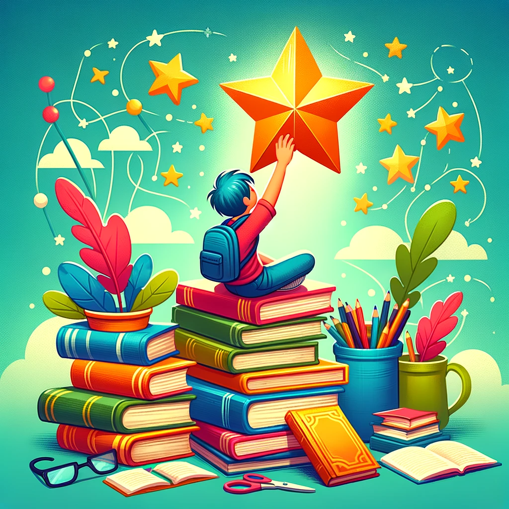 DALL·E 2024-01-23 11.35.25 - A colorful, cartoon-style illustration of a student sitting on a pile of books, reaching for a bright star in the sky. The books represent different s