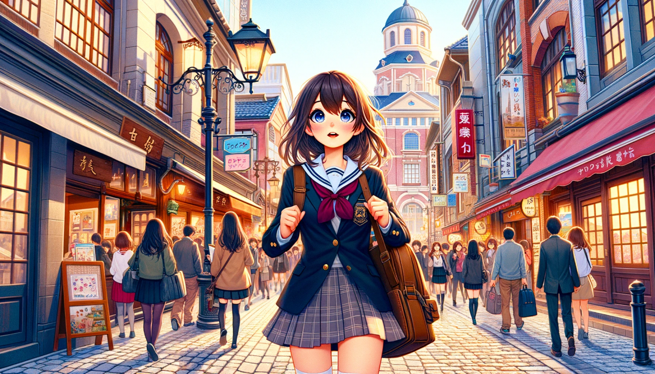 DALL·E 2024-02-15 14.51.26 - Create a wide anime-style illustration of a Japanese female high school student walking through a foreign city street. She is exploring with curiosity