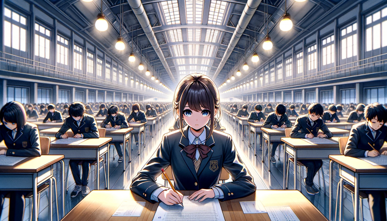 DALL·E 2024-02-15 14.51.30 - Create a wide anime-style illustration of a high school girl taking an exam in a large hall. The girl is seated at a long desk, surrounded by numerous