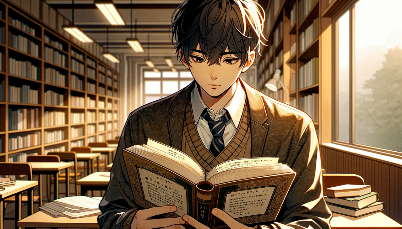 DALL·E 2024-02-15 14.51.28 - Create a wide anime-style illustration of a male high school student reading an English book. The boy is focused, with his eyes scanning the text inte