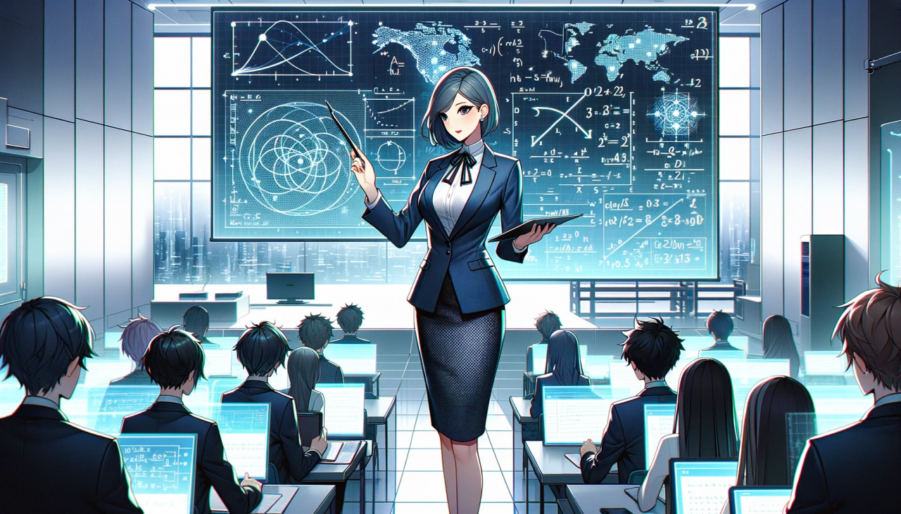 DALL·E 2024-02-17 15.17.12 - Create a wide anime-style illustration of a woman explaining mathematics in a futuristic setting. The scene should have a high-tech blackboard or holo