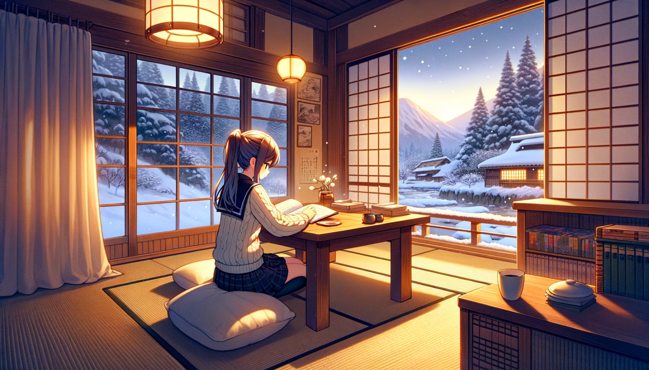 DALL·E 2024-02-27 13.59.25 - Create an anime-style illustration of a high school girl studying. The setting is a cozy interior room during a snowy evening. The girl is seated at a