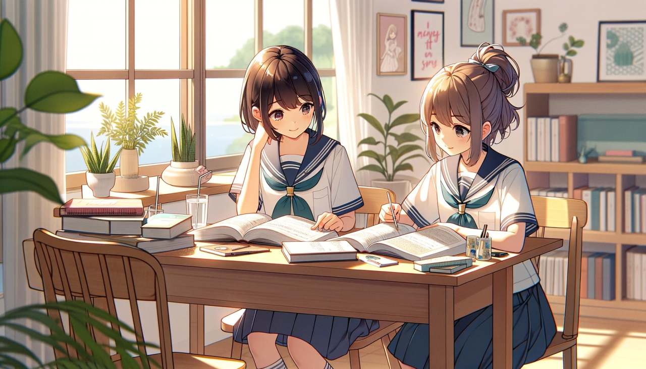 DALL·E 2024-02-01 15.02.03 - Create a wide anime-style illustration of high school girls studying together. The scene takes place in a bright, airy room with a large window allowi