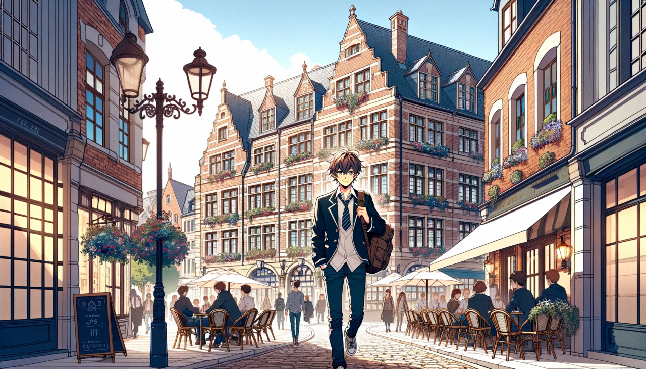 DALL·E 2024-02-27 13.59.22 - Create a wide anime-style illustration featuring a male high school student walking through a European town. The scene is set during the day with clea