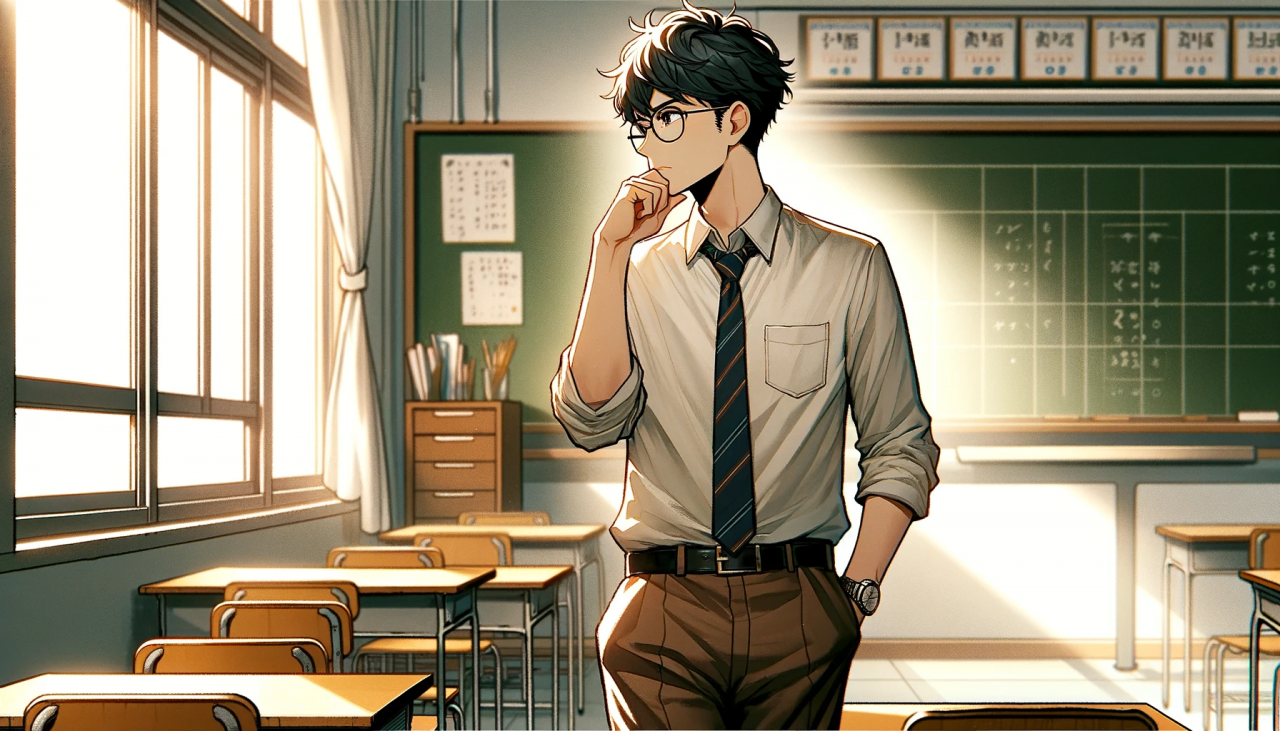 DALL·E 2024-02-15 14.51.24 - Create a wide anime-style illustration of a male teacher in deep thought. He's standing by a classroom window, looking out with a pensive expression, 