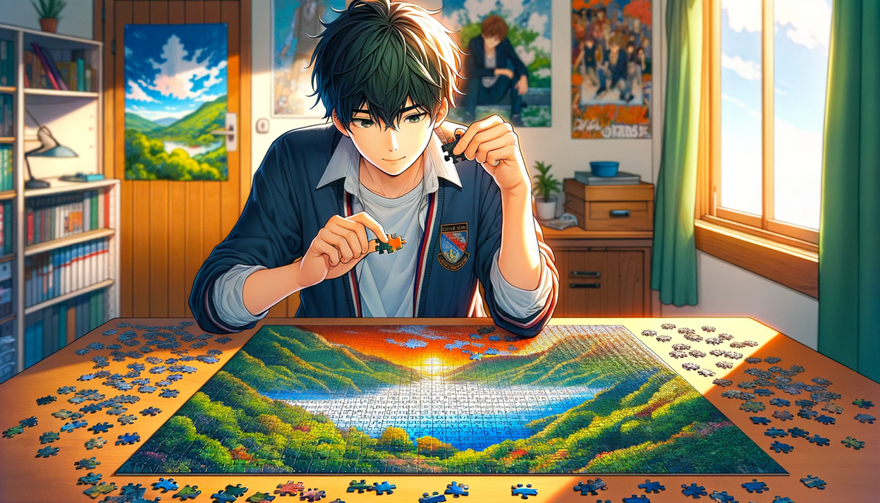 DALL·E 2024-02-01 15.02.05 - Create a wide anime-style illustration of a high school boy fitting the last piece into a puzzle. He is sitting at a wooden table, with the nearly com