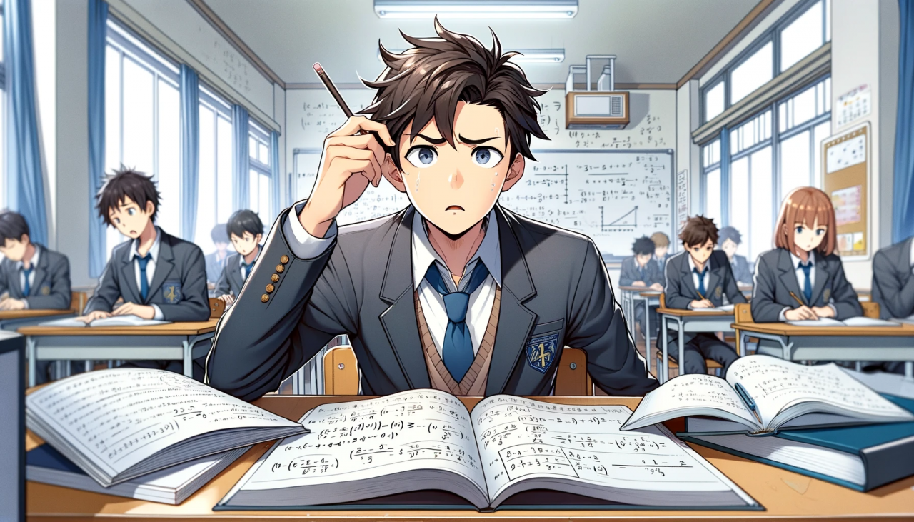 DALL·E 2024-02-17 15.17.07 - Create a wide anime-style illustration of a male high school student looking puzzled and confused while trying to understand mathematics. The student 