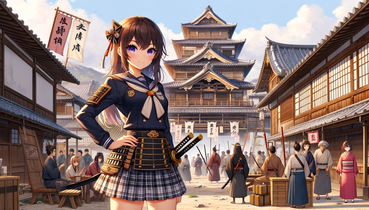 DALL·E 2024-02-27 13.59.20 - Create an anime-style illustration of a high school girl living during the Sengoku period in Japan. The scene should be wide and set outdoors in a his