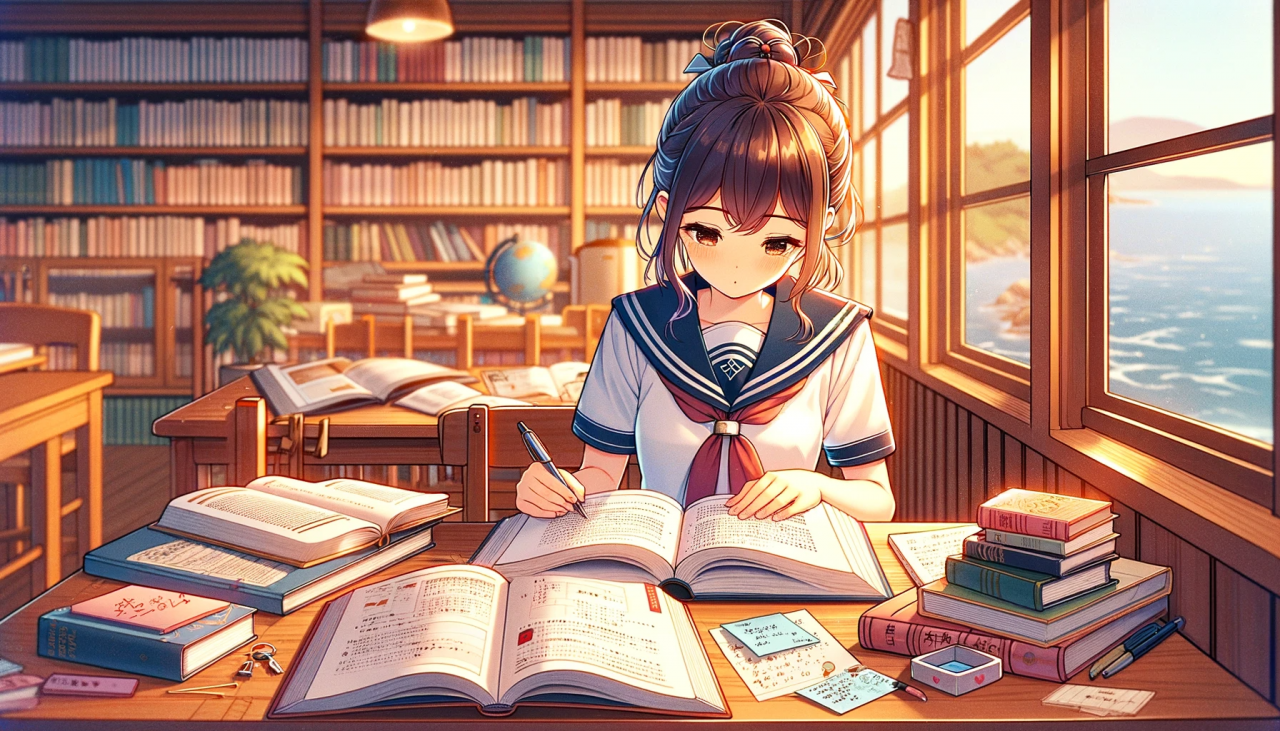 DALL·E 2024-02-01 15.02.08 - Create a wide anime-style illustration of a high school girl studying with textbooks. The scene is indoors, at a wooden desk filled with open textbook