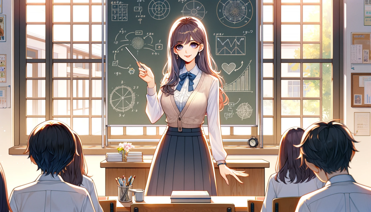 DALL·E 2024-02-01 15.02.01 - Create a wide anime-style illustration of a female teacher giving a lesson. The scene is set in a bright classroom with large windows, through which s
