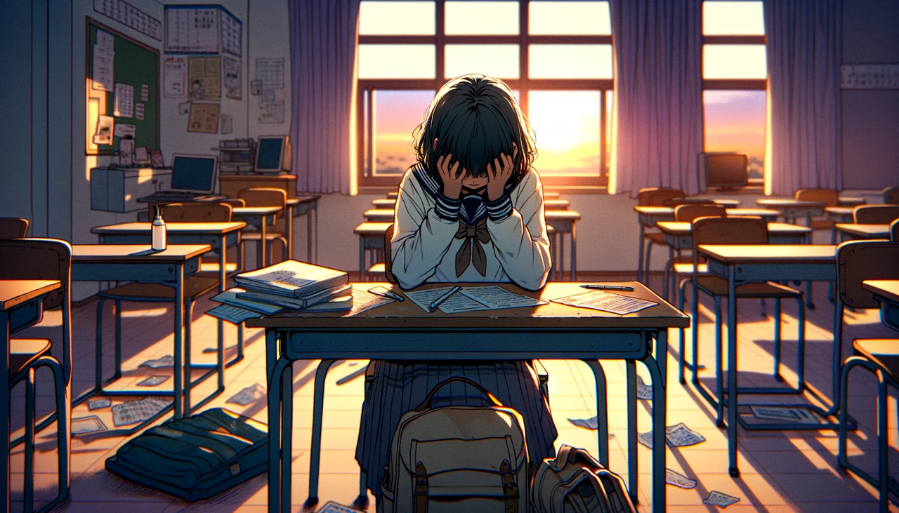 DALL·E 2024-02-20 14.58.18 - Create a wide anime-style illustration of a female high school student who is crying. The setting is a quiet, empty classroom after hours, with the gl